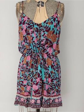 Arnhem Turquoise Floral Mini Dress with Pink & Brown Accents
